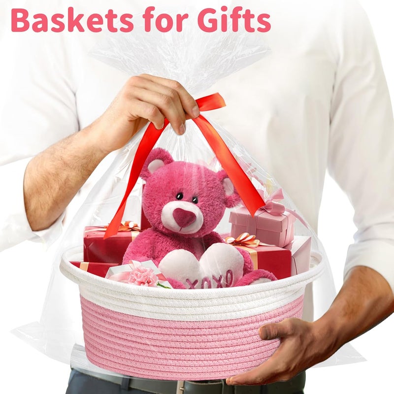 Yeeeasy Small Woven Basket with Gift Bags and Ribbons Cute Baskets for Gifts Empty 12"x8"x5" Small Rope Toy Basket for Babies Baskets for Storage, White & Pink - Image 2